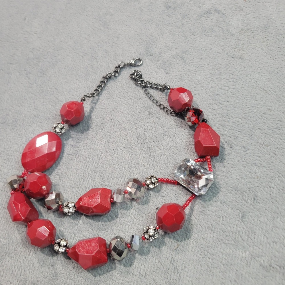 Necklace Womens OS Red Chunky Double Strand Statement Crystal Beaded Glamour